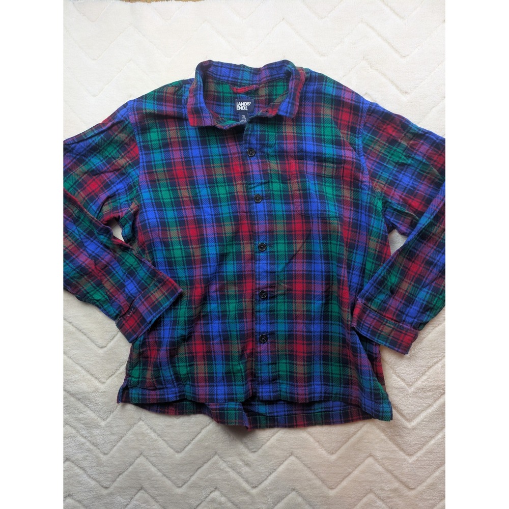 Lands End Mens XL Flannel Pajama Set Blue Red Green Plaid Cotton Sleepwear
